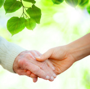 Holding hands with senior over green leaves background